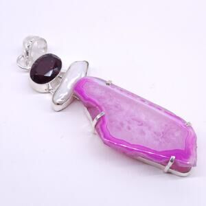 Stunning Pink Agate and Garnet Pendant with Sterling Silver Setting